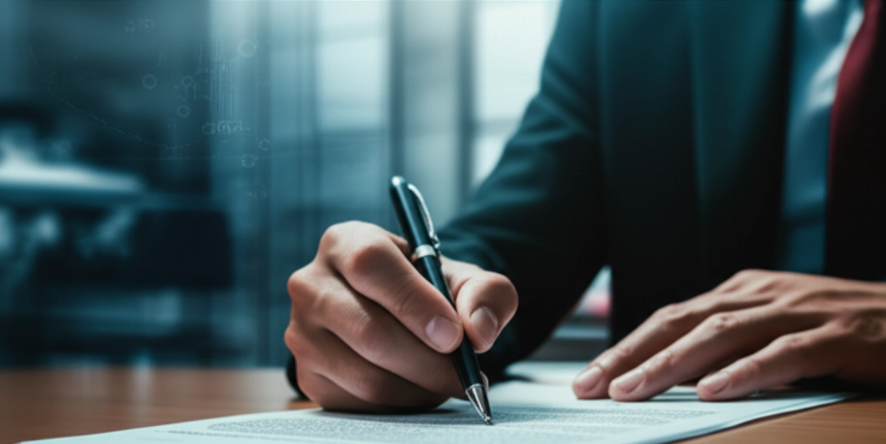 Primo piano iperrealistico delle mani di un uomo caucasico che firma un contratto di trasporto merci su una scrivania moderna.