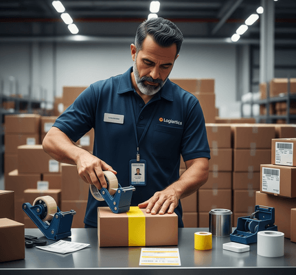 Operatore logistico che prepara pacchi per un e-commerce